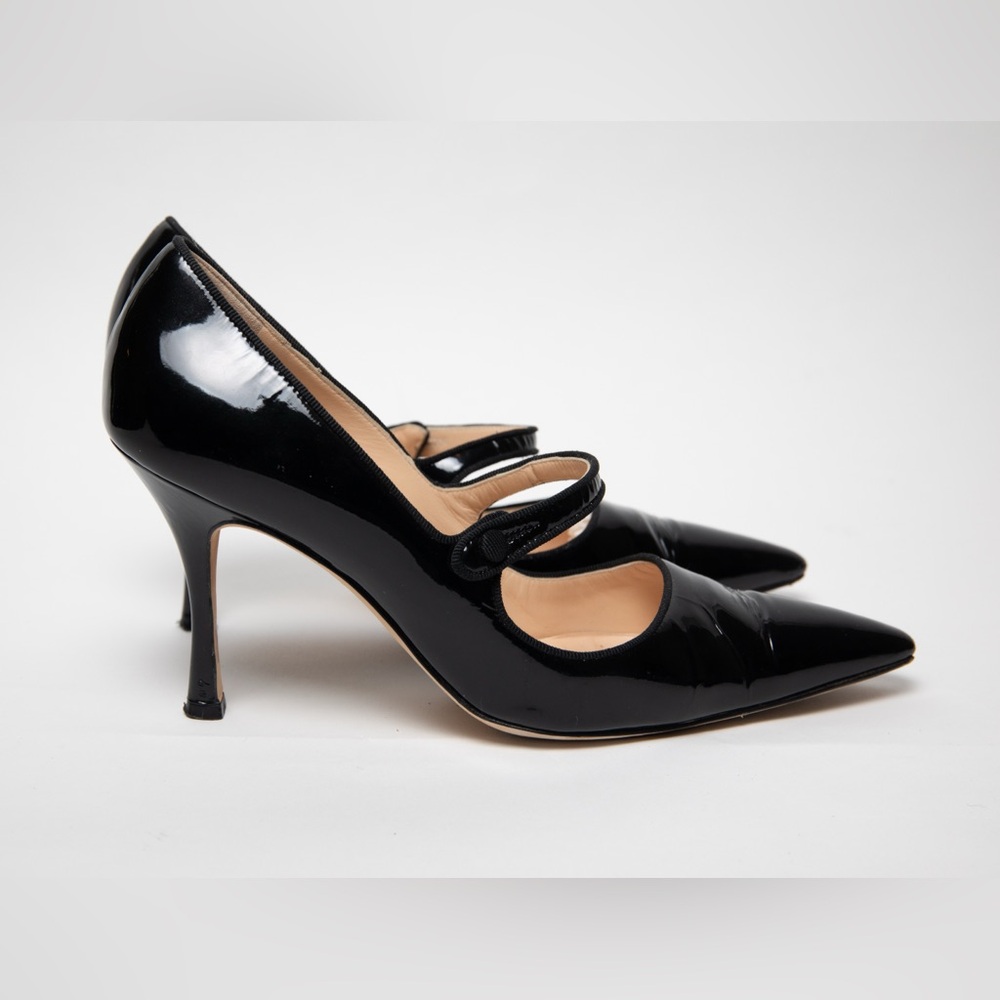 Manolo Blahnik Mary Janes Campari Black Patent Leather Stiletto Heels 41 11 10